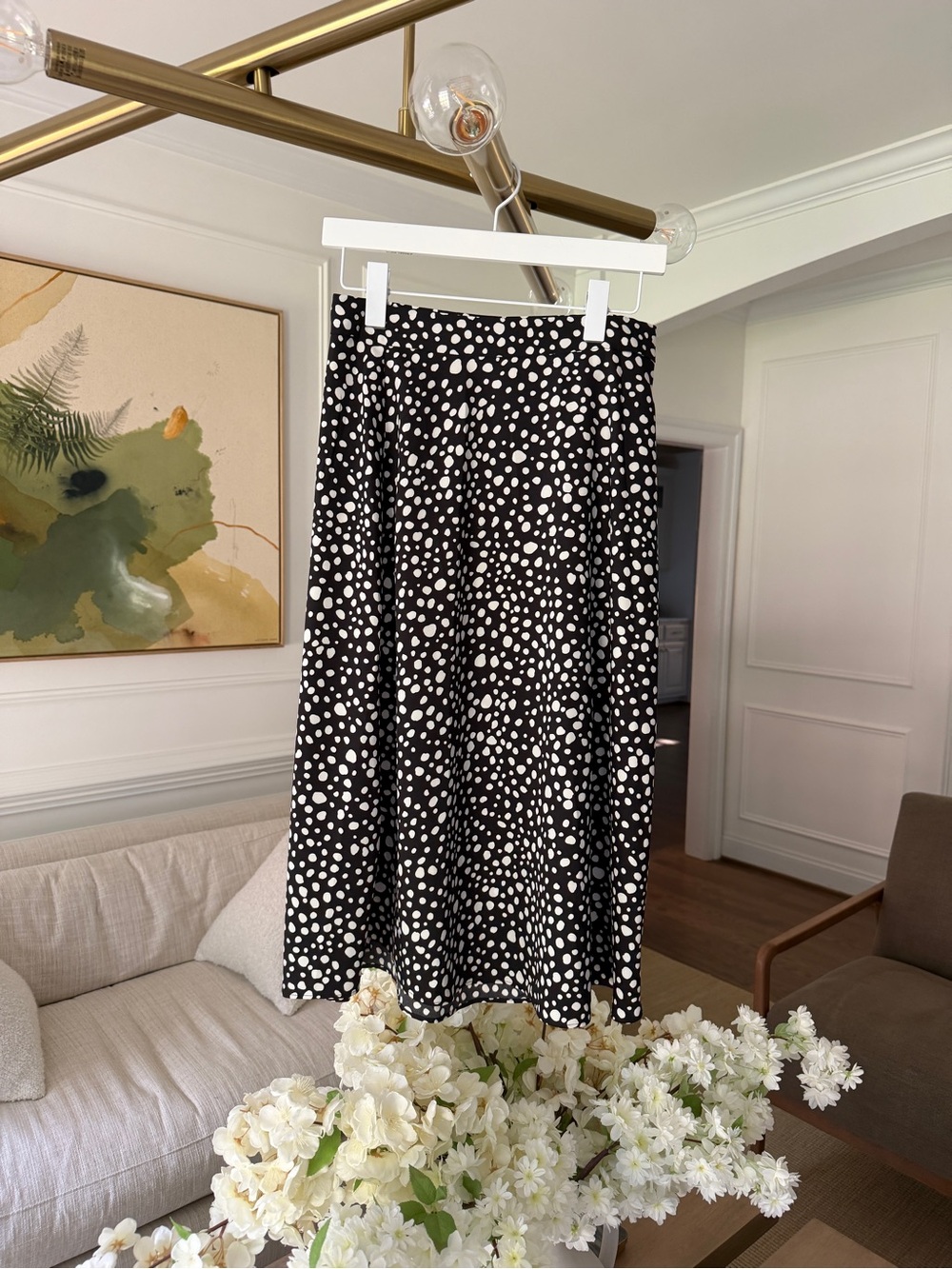 NWT Black Midi Skirt with White Polka Dots